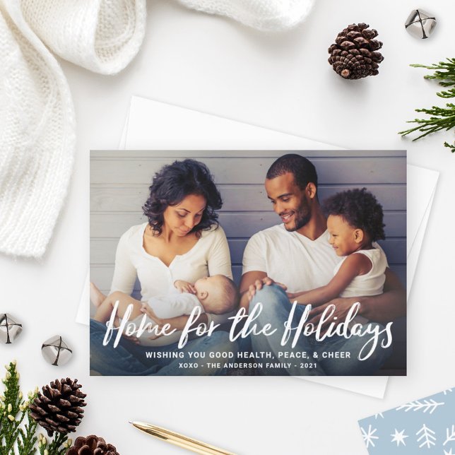 Home for the Holidays White Script Snowflakes Holiday Card (Creator Uploaded)