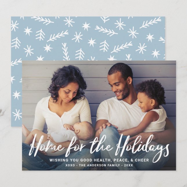 Home for the Holidays White Script Snowflakes Holiday Card (Front/Back)