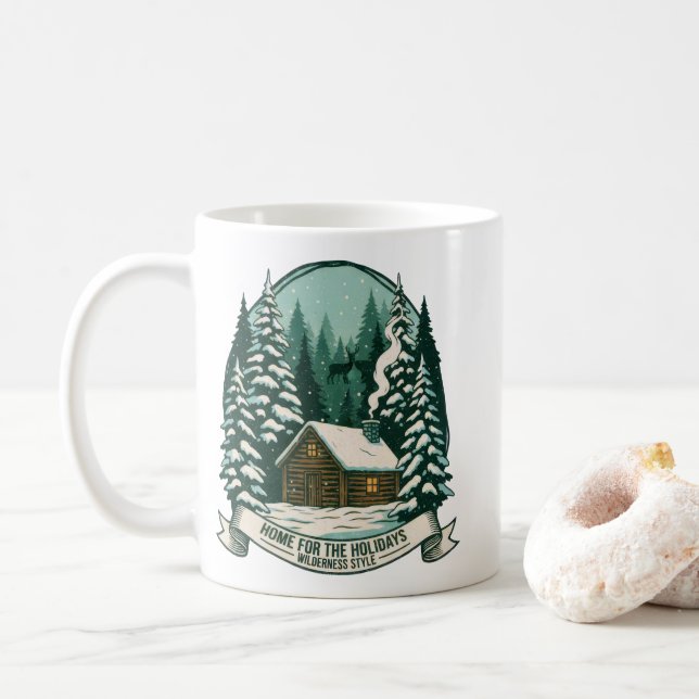 Home for the Holidays Wilderness Cabin Art Coffee Mug (With Donut)