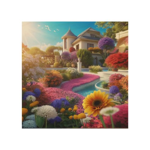  home garden full of beautiful colorful flowers  wood wall art