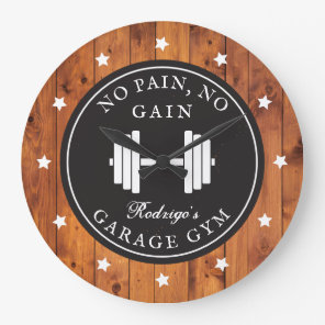 Home Gym Weightlifting Workout Rustic Wood Name Large Clock
