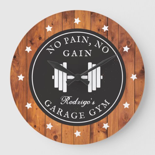 Home Gym Weightlifting Workout Rustic Wood Name Large Clock
