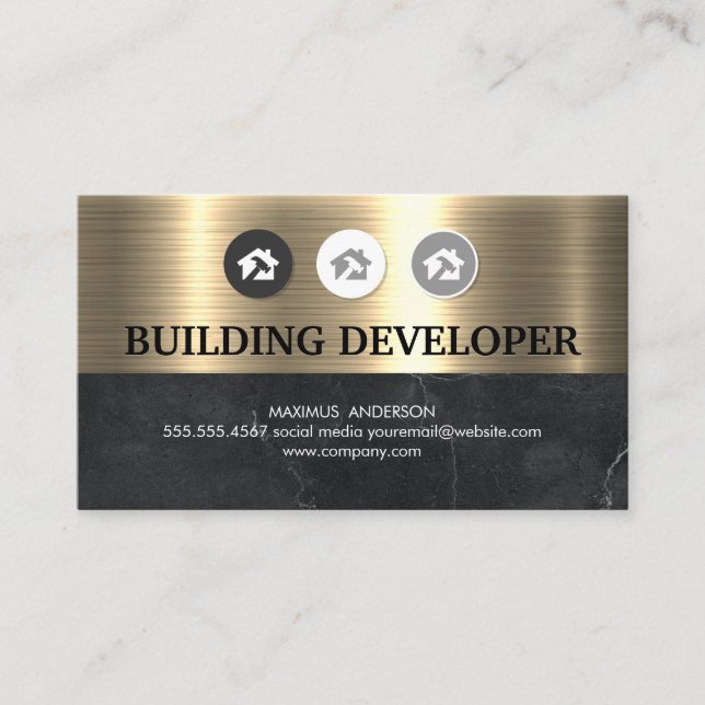 Home Hammer Logo | Metallic Gold Black Marble Business Card (Front)