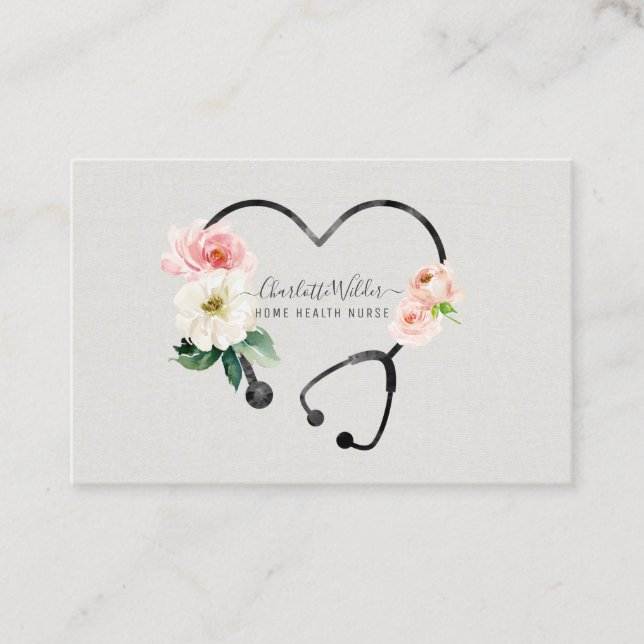 Home Health Nurse Caregiver Floral Stethoscope  Business Card (Front)