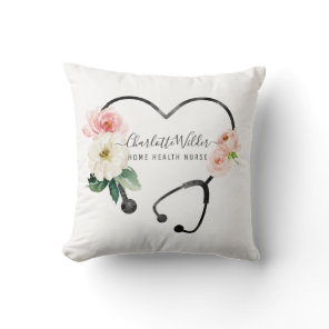 Home Health Nurse Caregiver Floral Stethoscope  Throw Pillow