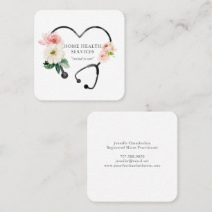 Home Health Nurse Floral Stethoscope Square Business Card