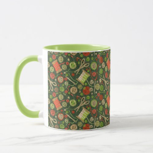 Home Hobby Sewing Crafter Collage Pattern Green Mug