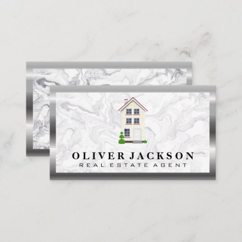 Home Icon  Marble Silver Metallic Business Card