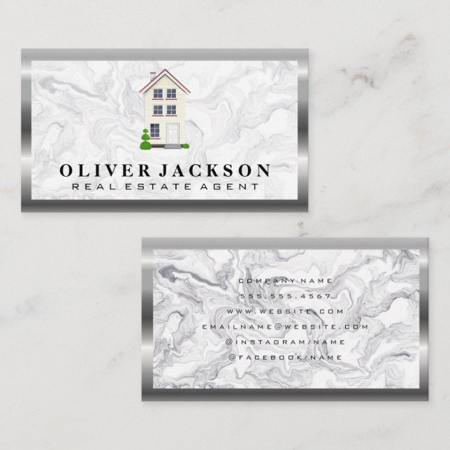 Home Icon | Marble Silver Metallic Business Card (Front/Back)
