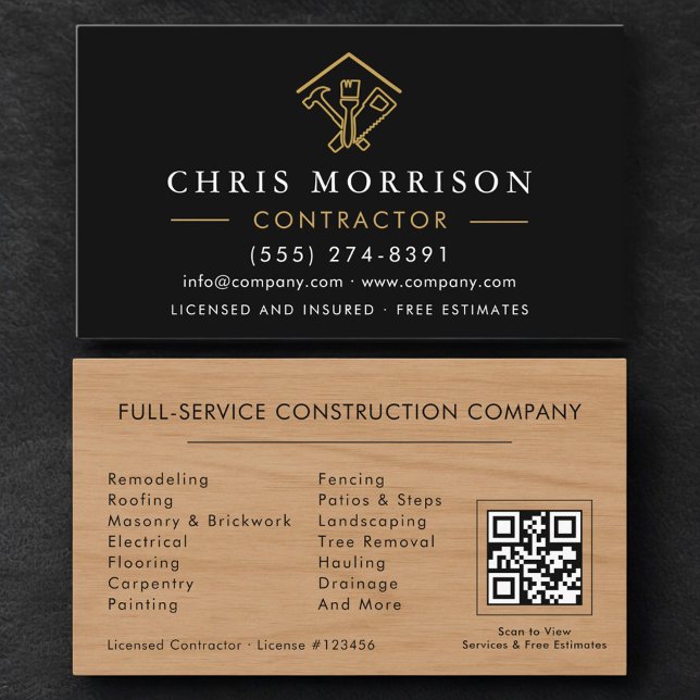 Home Improvement Black Gold QR Code Wood  Business Card (Creator Uploaded)