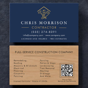 Home Improvement Navy Blue QR Code Wood  Business Card