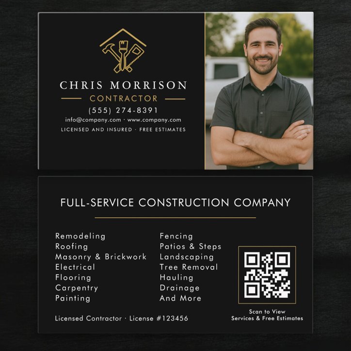 Home Improvement QR Code Photo Black Gold Business Card