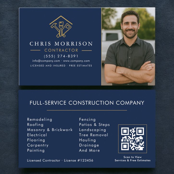 Home Improvement QR Code Photo Navy Blue Gold Business Card