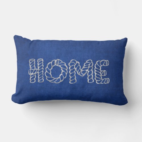 home in rope design on blue lumbar pillow