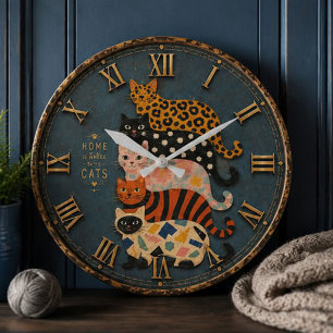 Home Is Better With Cats Whimsical Farmhouse Cat Large Clock