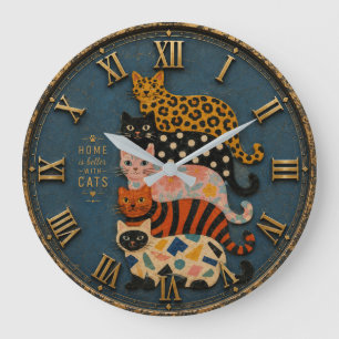 Home Is Better With Cats Whimsical Farmhouse Cat Large Clock