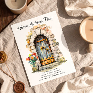 Home is Here - Modern New Address Watercolor Door Announcement Postcard
