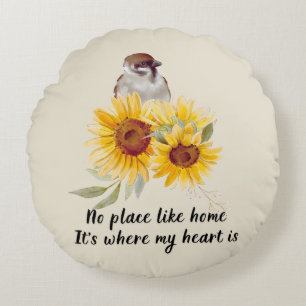 Home Is My Heart With Sunflowers Round Pillow