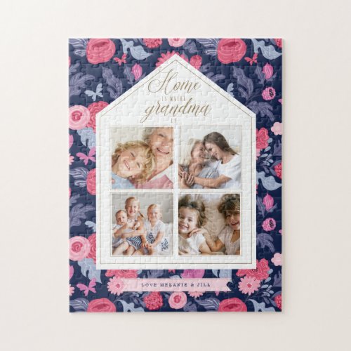 Home is Where Grandma Is Photo Collage Pink Floral Jigsaw Puzzle