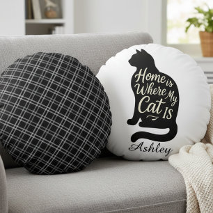 Home Is Where My Cat Is Black Silhouette Round Pillow