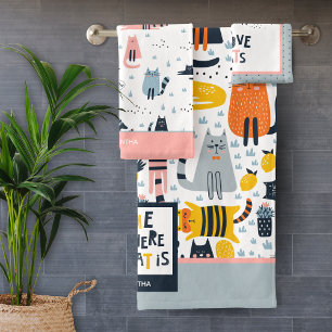 Home is Where My Cat is Monogrammed Name Bathroom Bath Towel Set