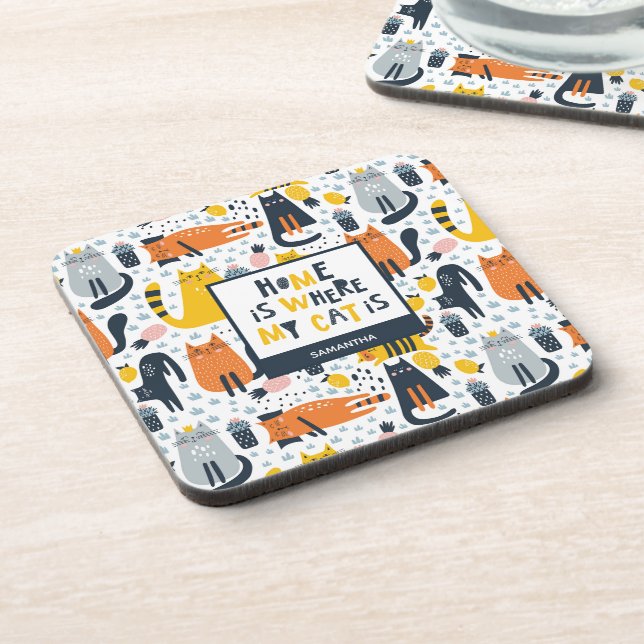 Home is Where My Cat is Monogrammed Name Kitchen Beverage Coaster (Left Side)