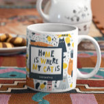 Home is Where My Cat is Monogrammed Name Kitchen Coffee Mug<br><div class="desc">Give your special cat lover his or her own special custom kitty kitchen coffee mug. Mug has the text Home is Where My Cat Is and includes space for a first name. In the background there is a pattern of adorable orange, yellow, black, and gray cats. Coffee mug makes a...</div>