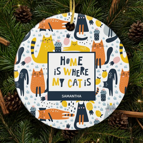 Home is Where My Cat is Monogrammed Year Christmas Ceramic Ornament