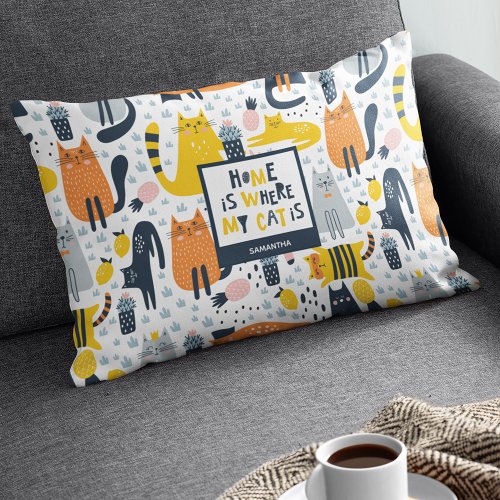 Home is Where My Cat is Pattern Monogrammed Name Accent Pillow