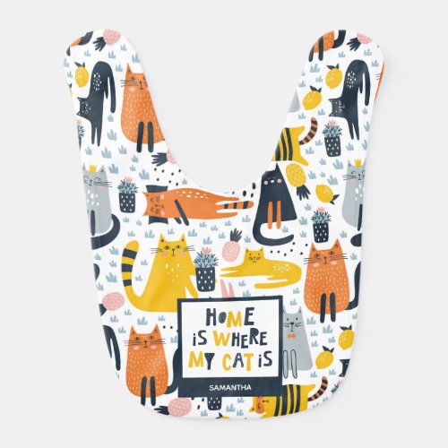 Home is Where My Cat is Pattern Monogrammed Name Baby Bib