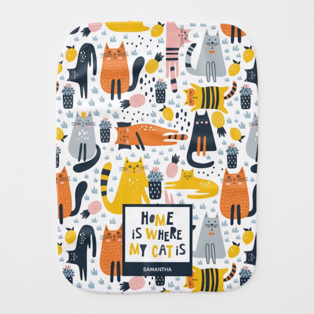 Home is Where My Cat is Pattern Monogrammed Name Baby Burp Cloth (Front)