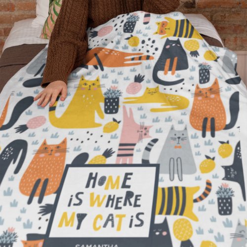Home is Where My Cat is Pattern Monogrammed Name Fleece Blanket