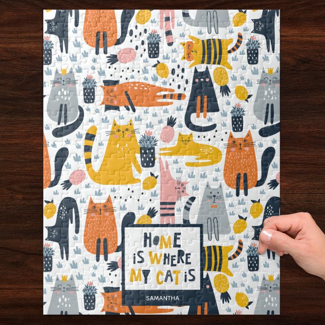 Home is Where My Cat is Pattern Monogrammed Name Jigsaw Puzzle (Creator Uploaded)