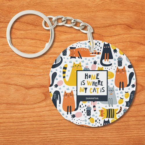 Home is Where My Cat is Pattern Monogrammed Name Keychain