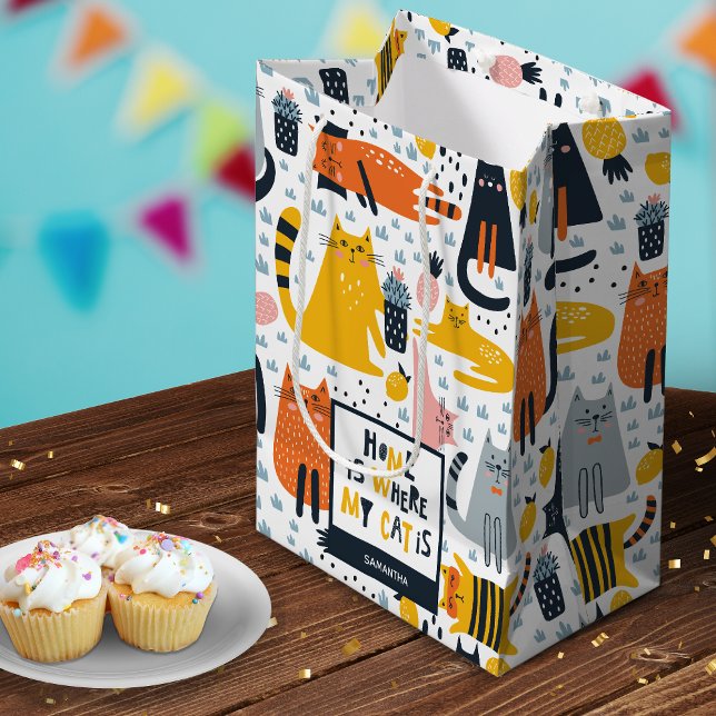 Home is Where My Cat is Pattern Monogrammed Name Medium Gift Bag (Creator Uploaded)
