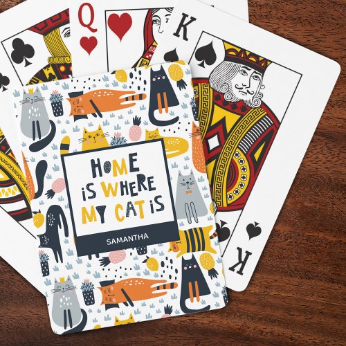 Home is Where My Cat is Pattern Monogrammed Name Playing Cards