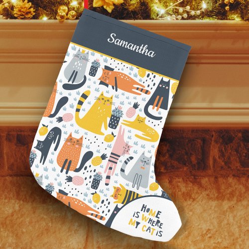 Home is Where My Cat is Pattern Monogrammed Name Small Christmas Stocking