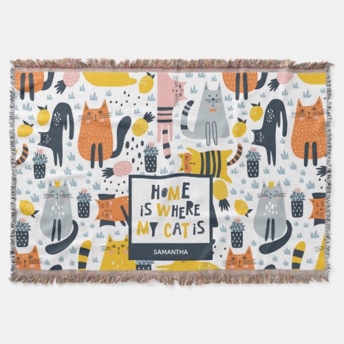 Home is Where My Cat is Pattern Monogrammed Name Throw Blanket