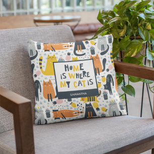 Home is Where My Cat is Pattern Monogrammed Name Throw Pillow