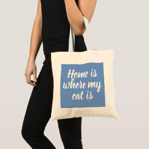 Home Is Where My Cat Is White Script Blue Tote Bag