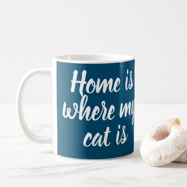 Home Is Where My Cat Is White Script Navy  Coffee Mug (With Donut)