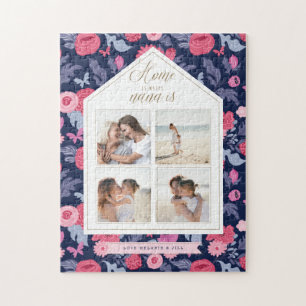 Home is Where Nana Is - Photo Collage Pink Floral Jigsaw Puzzle