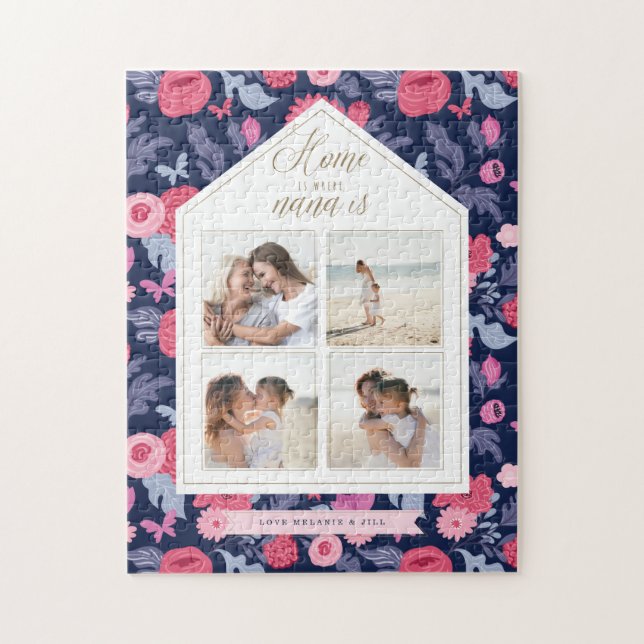 Home is Where Nana Is - Photo Collage Pink Floral Jigsaw Puzzle (Vertical)