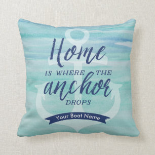 Home is Where the Anchor Drops - (Aqua green/Navy) Throw Pillow