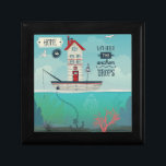 Home Is Where The Anchor Drops Jewelry Box<br><div class="desc">Boat Home - Home is where the anchor drops inspirational quote,  with tiny house in a sailing boat at sea,  underwater flora and wast sky with seagulls. Whimsical hand drawn illustration  | Bigstock® - All Rights Reserved.</div>