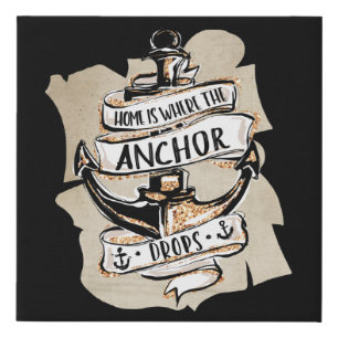 Home is Where the Anchor Drops Nautical Black Gold Faux Canvas Print