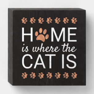 Home Is Where The Cat Is Rose Gold Foil Paw Print Wooden Box Sign