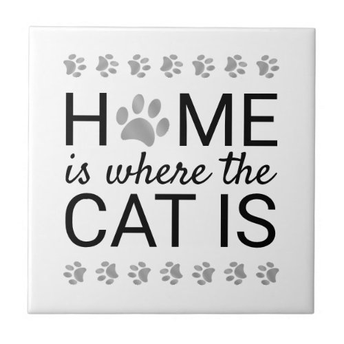 Home Is Where The Cat Is Silver Foil Paw Prints Ceramic Tile