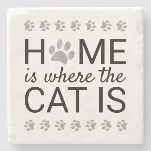 Home Is Where The Cat Is Silver Foil Paw Prints Stone Coaster