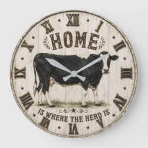 Home Is Where the Herd Is Rustic Cow Farmhouse Large Clock